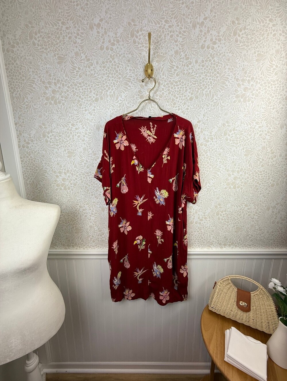 Madewell Red Birds of Paradise Novel V-Neck Shift Dress - Size - XL
